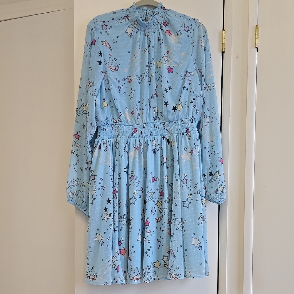 Blue Star Print Long Sleeve Dress